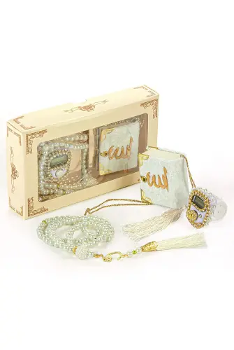 Mini Velvet Quran Set with Stone Zikirmatik and Pearl Rosary Mevlüt Gift - White - 1