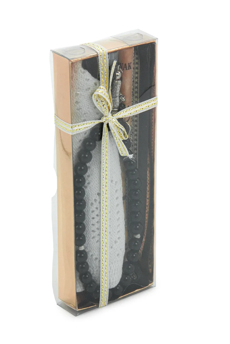 Misvaklı Tesbihli Namaz Takkesi Erkek Hac Umre Hediyelik Seti - Beyaz - 3