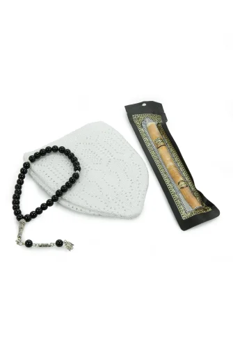 Misvaklı Tesbihli Namaz Takkesi Erkek Hac Umre Hediyelik Seti - Beyaz - 4