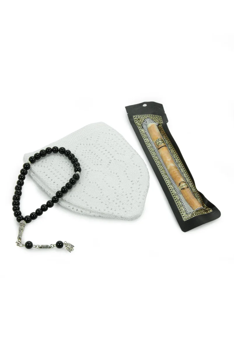 Misvaklı Tesbihli Namaz Takkesi Erkek Hac Umre Hediyelik Seti - Beyaz - 4