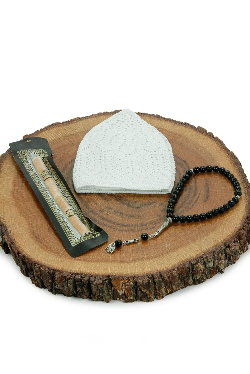 Misvaklı Tesbihli Namaz Takkesi Erkek Hac Umre Hediyelik Seti - Beyaz - 5