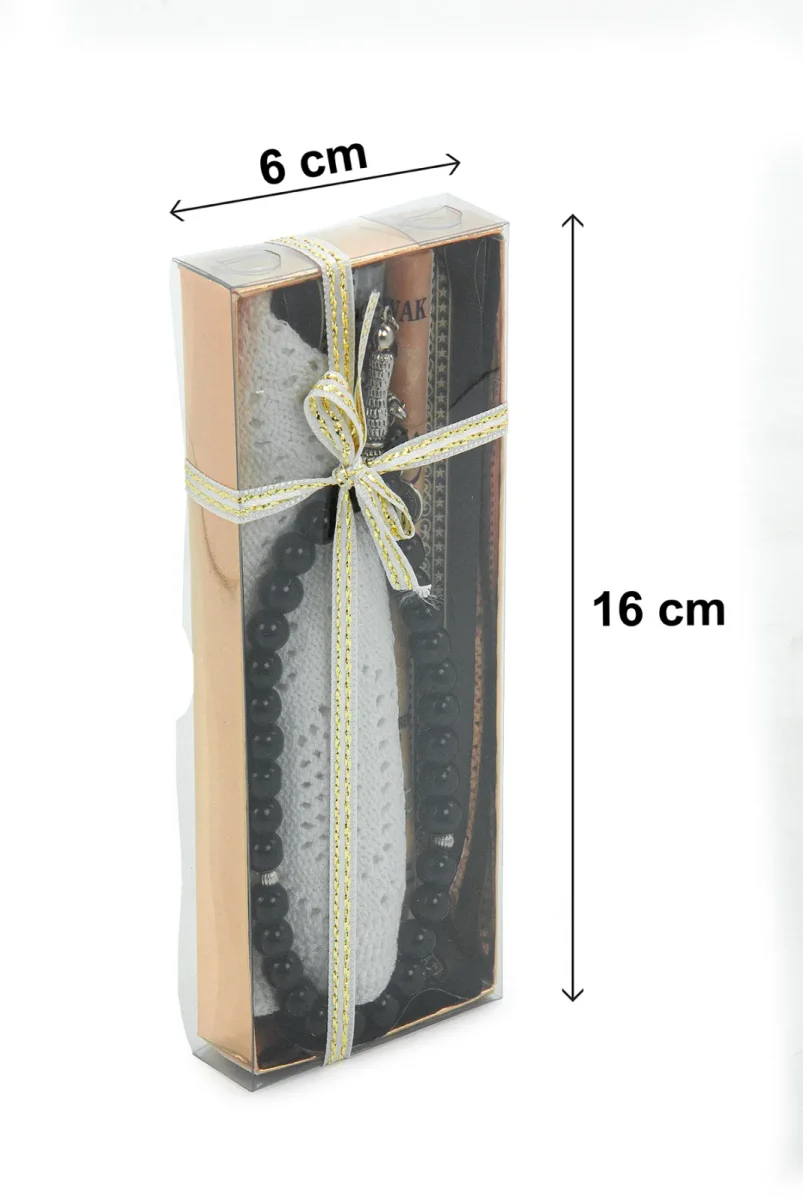 Misvaklı Tesbihli Namaz Takkesi Erkek Hac Umre Hediyelik Seti - Beyaz - 6