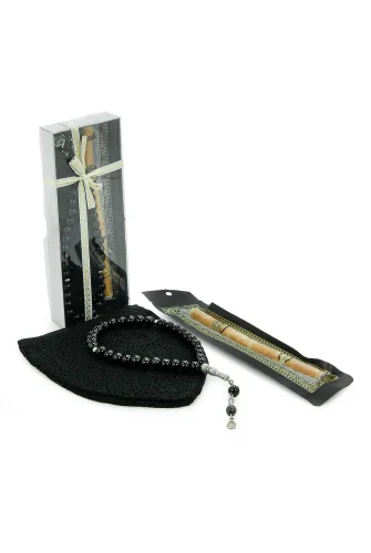 Misvaklı Tesbihli Namaz Takkesi Erkek Hac Umre Hediyelik Seti - Siyah - ihvanonline (1)