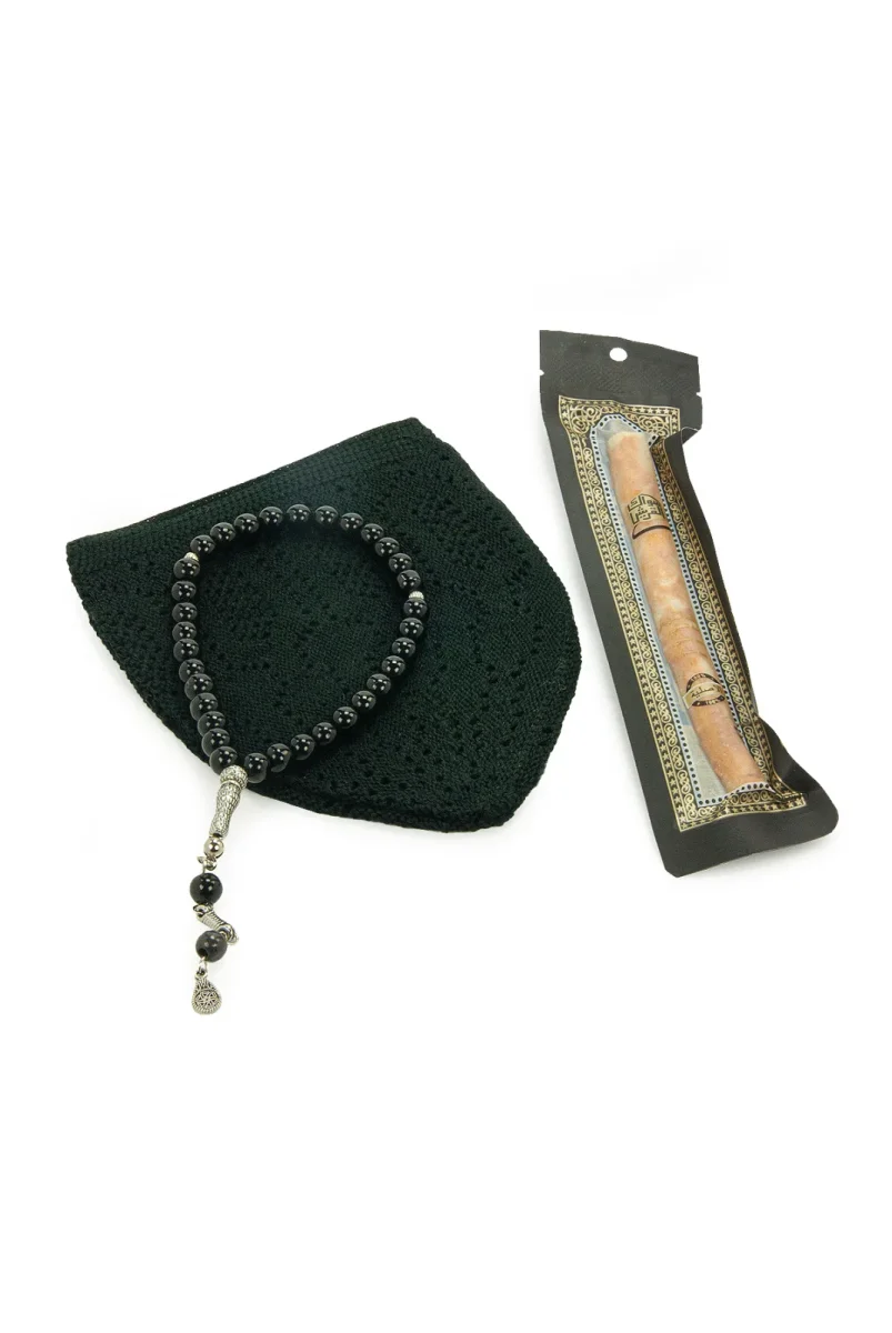 Misvaklı Tesbihli Namaz Takkesi Erkek Hac Umre Hediyelik Seti - Siyah - 3