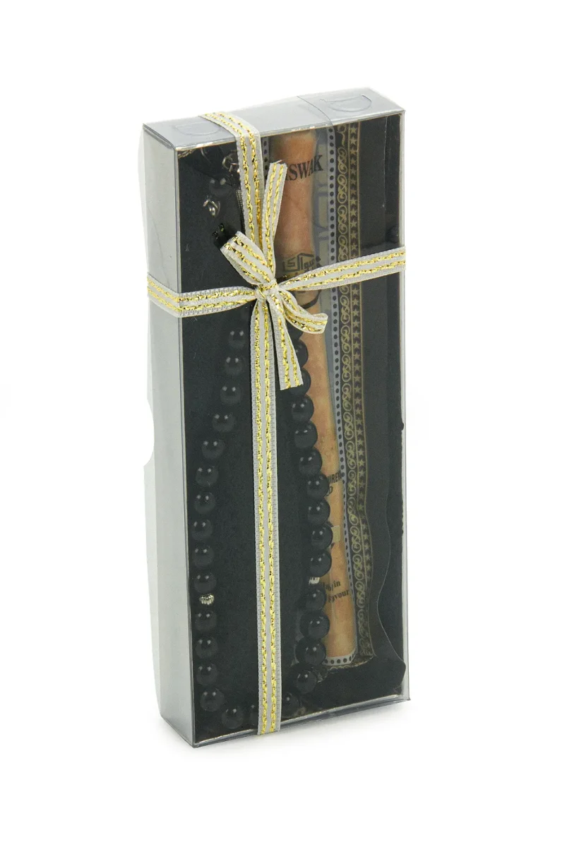 Misvaklı Tesbihli Namaz Takkesi Erkek Hac Umre Hediyelik Seti - Siyah - 4