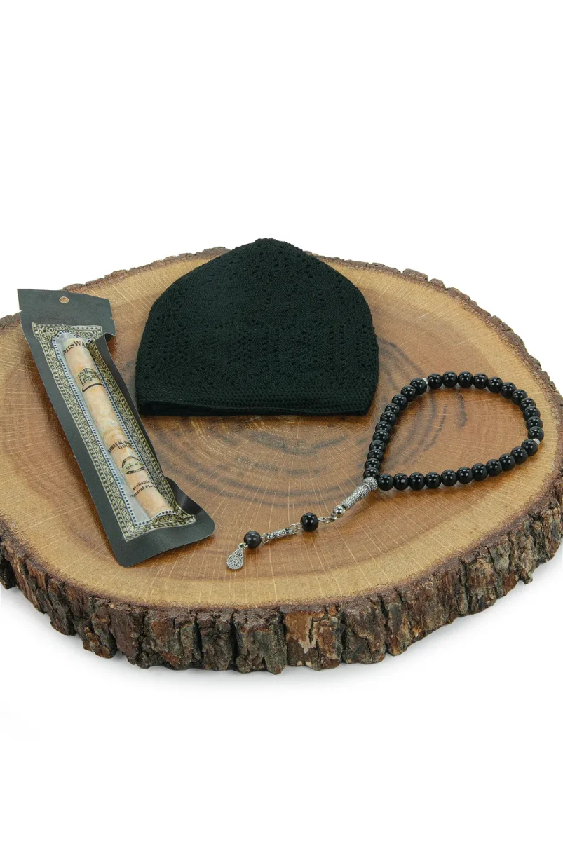 Misvaklı Tesbihli Namaz Takkesi Erkek Hac Umre Hediyelik Seti - Siyah - 5