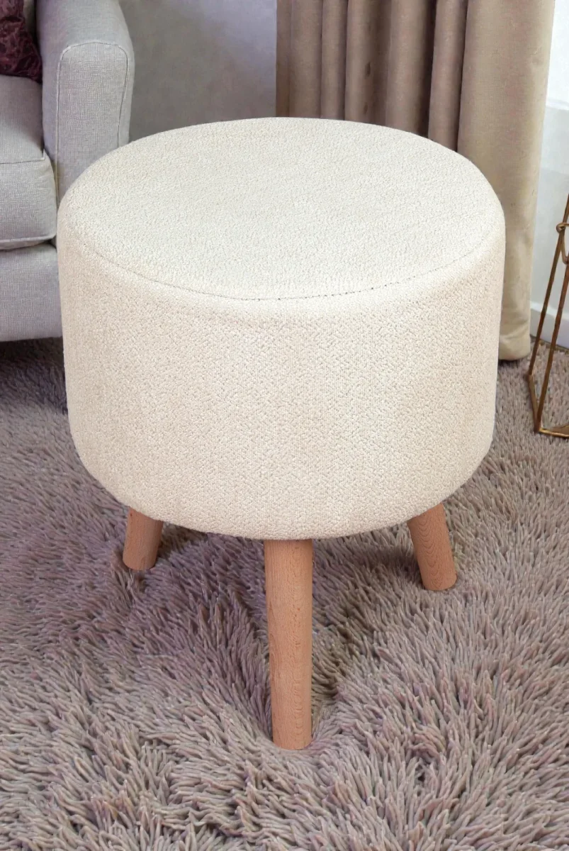 Modern Dekoratif Ahşap Ayaklı Puf Tabure, Oturma ve Ayak Uzatma Pufu Krem - (40x36 cm) - 2