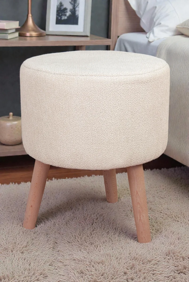 Modern Dekoratif Ahşap Ayaklı Puf Tabure, Oturma ve Ayak Uzatma Pufu Krem - (40x36 cm) - 4