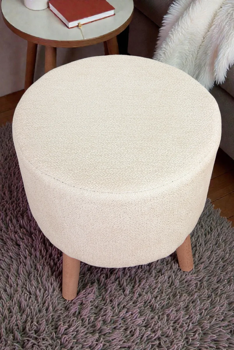 Modern Dekoratif Ahşap Ayaklı Puf Tabure, Oturma ve Ayak Uzatma Pufu Krem - (40x36 cm) - 8