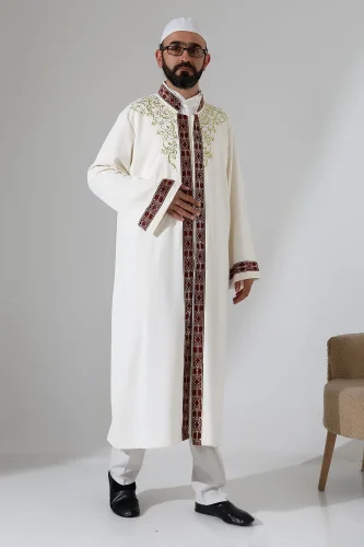 Nakış İşlemeli Hakim Yaka İmam Cübbesi, Çıt Çıtlı Cepli Namaz Cübbesi Bordo Bordürlü - Krem 