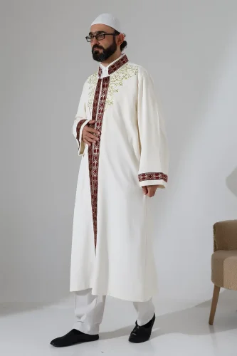 Nakış İşlemeli Hakim Yaka İmam Cübbesi, Çıt Çıtlı Cepli Namaz Cübbesi Bordo Bordürlü - Krem - 2