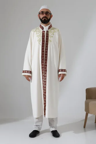 Nakış İşlemeli Hakim Yaka İmam Cübbesi, Çıt Çıtlı Cepli Namaz Cübbesi Bordo Bordürlü - Krem - 4