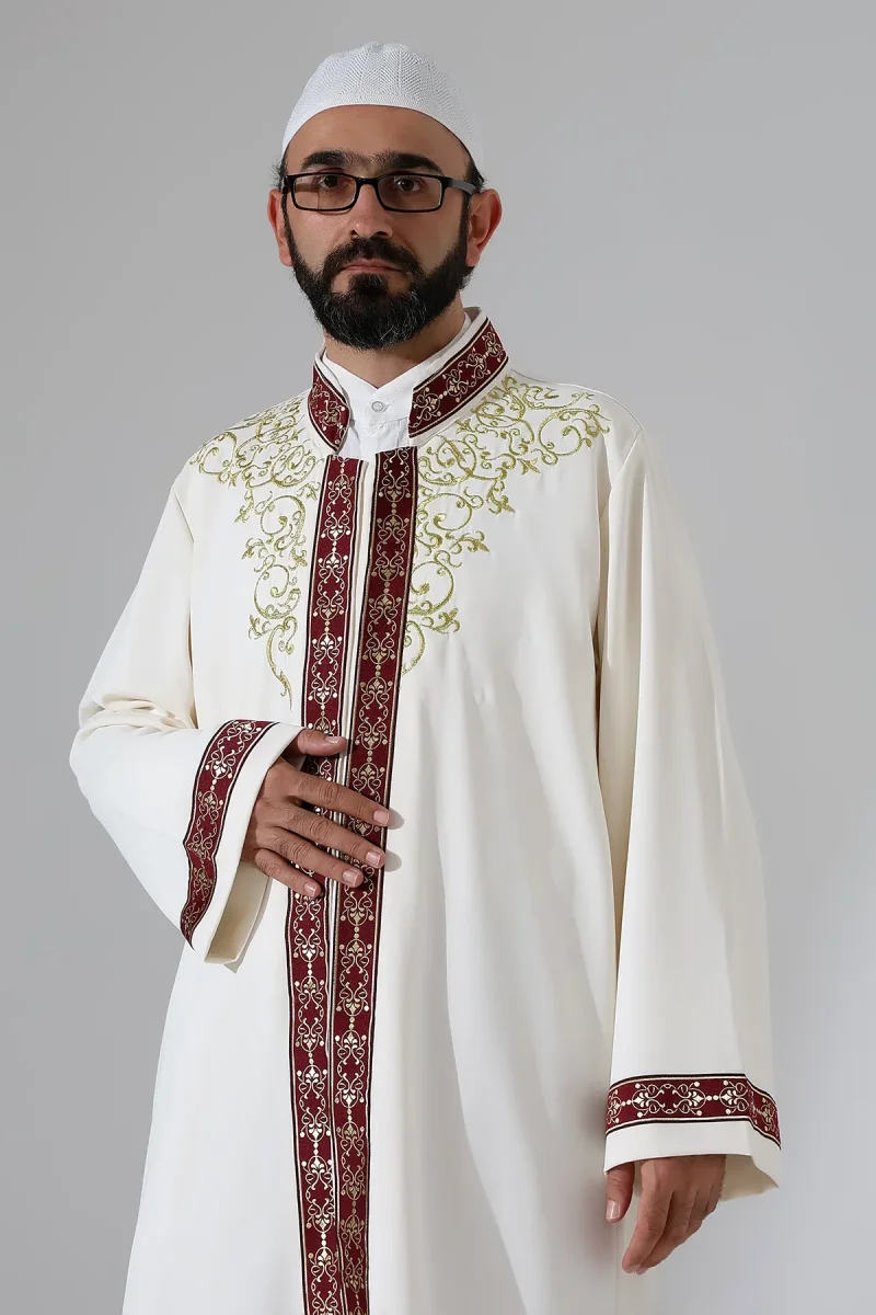 Nakış İşlemeli Hakim Yaka İmam Cübbesi, Çıt Çıtlı Cepli Namaz Cübbesi Bordo Bordürlü - Krem - 5
