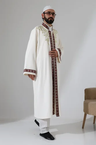 Nakış İşlemeli Hakim Yaka İmam Cübbesi, Çıt Çıtlı Cepli Namaz Cübbesi Bordo Bordürlü - Krem - 6