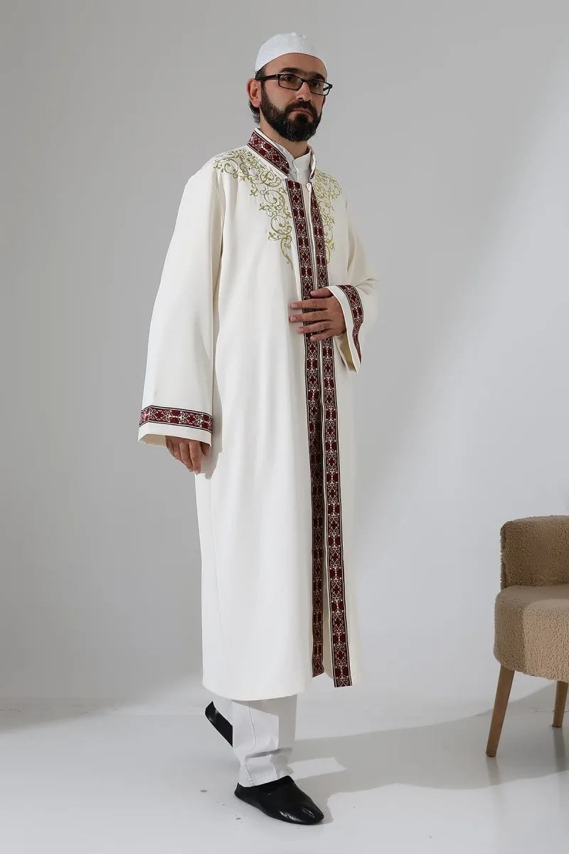 Nakış İşlemeli Hakim Yaka İmam Cübbesi, Çıt Çıtlı Cepli Namaz Cübbesi Bordo Bordürlü - Krem - 6