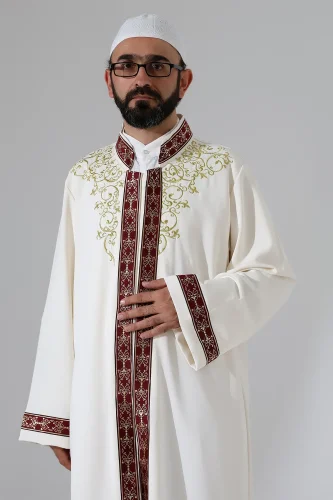 Nakış İşlemeli Hakim Yaka İmam Cübbesi, Çıt Çıtlı Cepli Namaz Cübbesi Bordo Bordürlü - Krem - 7