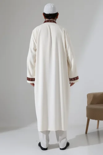 Nakış İşlemeli Hakim Yaka İmam Cübbesi, Çıt Çıtlı Cepli Namaz Cübbesi Bordo Bordürlü - Krem - 8