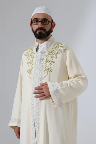 Nakış İşlemeli Hakim Yaka İmam Cübbesi, Çıt Çıtlı Cepli Namaz Cübbesi Gümüş Bordürlü - Krem - 5