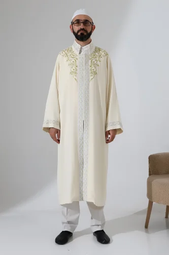 Nakış İşlemeli Hakim Yaka İmam Cübbesi, Çıt Çıtlı Cepli Namaz Cübbesi Gümüş Bordürlü - Krem - 6