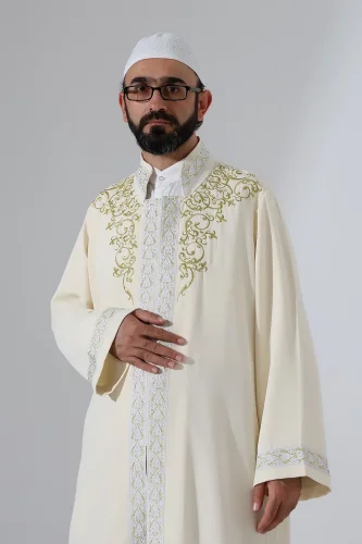 Nakış İşlemeli Hakim Yaka İmam Cübbesi, Çıt Çıtlı Cepli Namaz Cübbesi Gümüş Bordürlü - Krem - 7