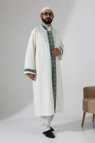 Nakış İşlemeli Hakim Yaka İmam Cübbesi, Çıt Çıtlı Cepli Namaz Cübbesi Yeşil Bordürlü - Krem - 1