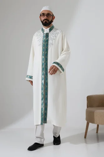 Nakış İşlemeli Hakim Yaka İmam Cübbesi, Çıt Çıtlı Cepli Namaz Cübbesi Yeşil Bordürlü - Krem - 2