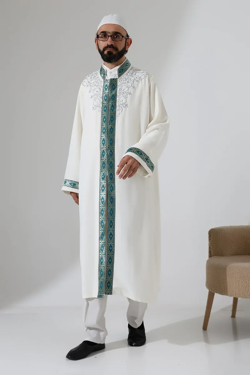 Nakış İşlemeli Hakim Yaka İmam Cübbesi, Çıt Çıtlı Cepli Namaz Cübbesi Yeşil Bordürlü - Krem - 2