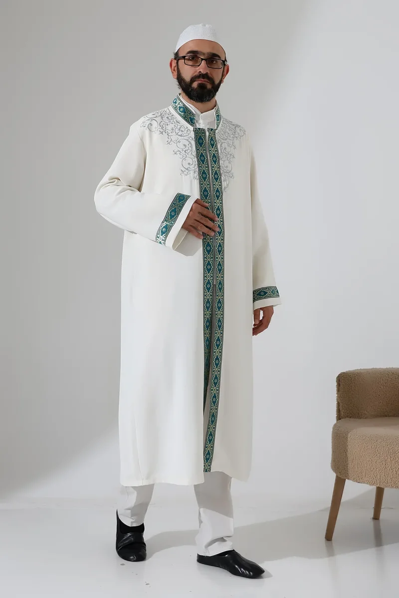 Nakış İşlemeli Hakim Yaka İmam Cübbesi, Çıt Çıtlı Cepli Namaz Cübbesi Yeşil Bordürlü - Krem - 3