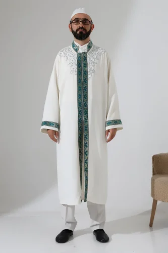 Nakış İşlemeli Hakim Yaka İmam Cübbesi, Çıt Çıtlı Cepli Namaz Cübbesi Yeşil Bordürlü - Krem - 5