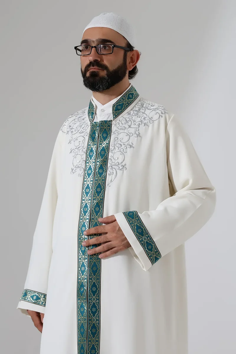 Nakış İşlemeli Hakim Yaka İmam Cübbesi, Çıt Çıtlı Cepli Namaz Cübbesi Yeşil Bordürlü - Krem - 6