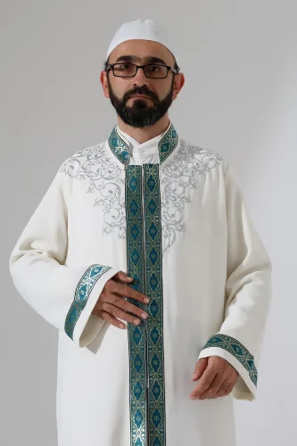 Nakış İşlemeli Hakim Yaka İmam Cübbesi, Çıt Çıtlı Cepli Namaz Cübbesi Yeşil Bordürlü - Krem - 7