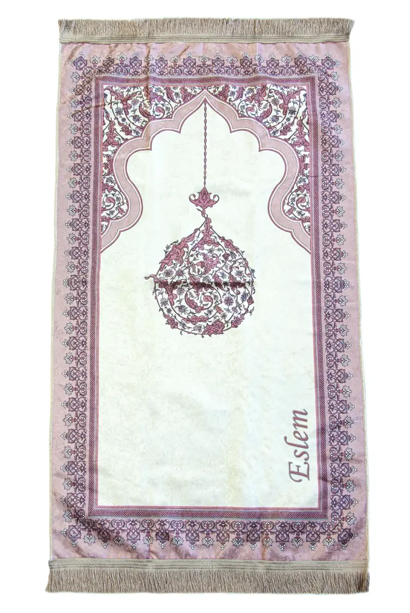 Nakış İşlemeli İsimli Kadife İpek Dokulu Mihrap Desenli Keseli İnci Tesbihli Seccade Fuşya - 3