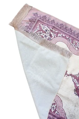 Nakış İşlemeli İsimli Kadife İpek Dokulu Mihrap Desenli Keseli İnci Tesbihli Seccade Fuşya - 4