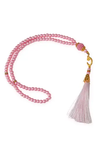 Nakış İşlemeli İsimli Kadife İpek Dokulu Mihrap Desenli Keseli İnci Tesbihli Seccade Fuşya - 8