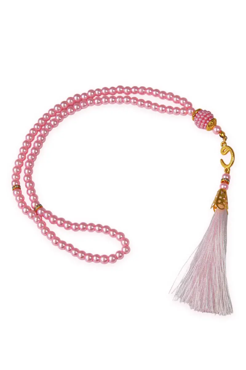 Nakış İşlemeli İsimli Kadife İpek Dokulu Mihrap Desenli Keseli İnci Tesbihli Seccade Fuşya - 8