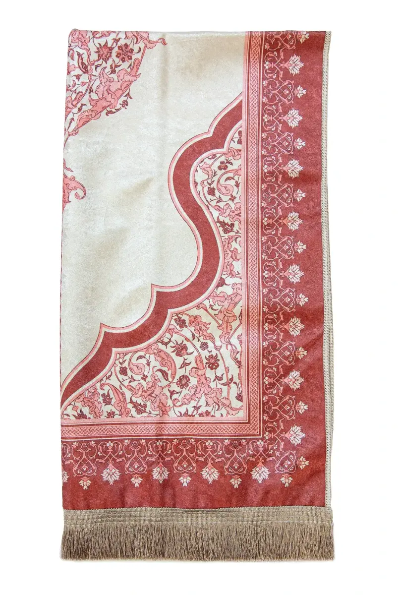 Nakış İşlemeli İsimli Kadife İpek Dokulu Mihrap Desenli Keseli İnci Tesbihli Seccade Kırmızı - 6