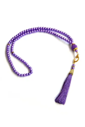 Nakış İşlemeli İsimli Kadife İpek Dokulu Mihrap Desenli Keseli İnci Tesbihli Seccade Mor - 9