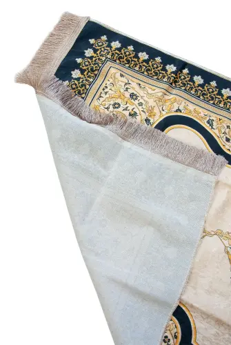 Nakış İşlemeli İsimli Kadife İpek Dokulu Mihrap Desenli Keseli İnci Tesbihli Seccade Sarı - 4