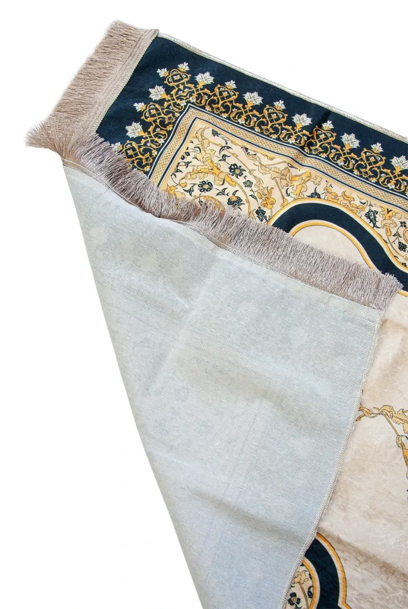 Nakış İşlemeli İsimli Kadife İpek Dokulu Mihrap Desenli Keseli İnci Tesbihli Seccade Sarı - 4