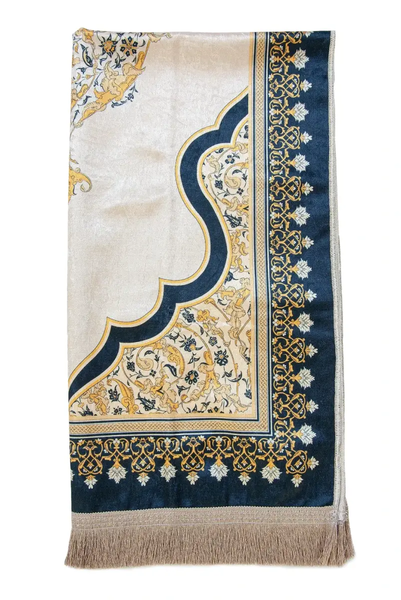 Nakış İşlemeli İsimli Kadife İpek Dokulu Mihrap Desenli Keseli İnci Tesbihli Seccade Sarı - 5