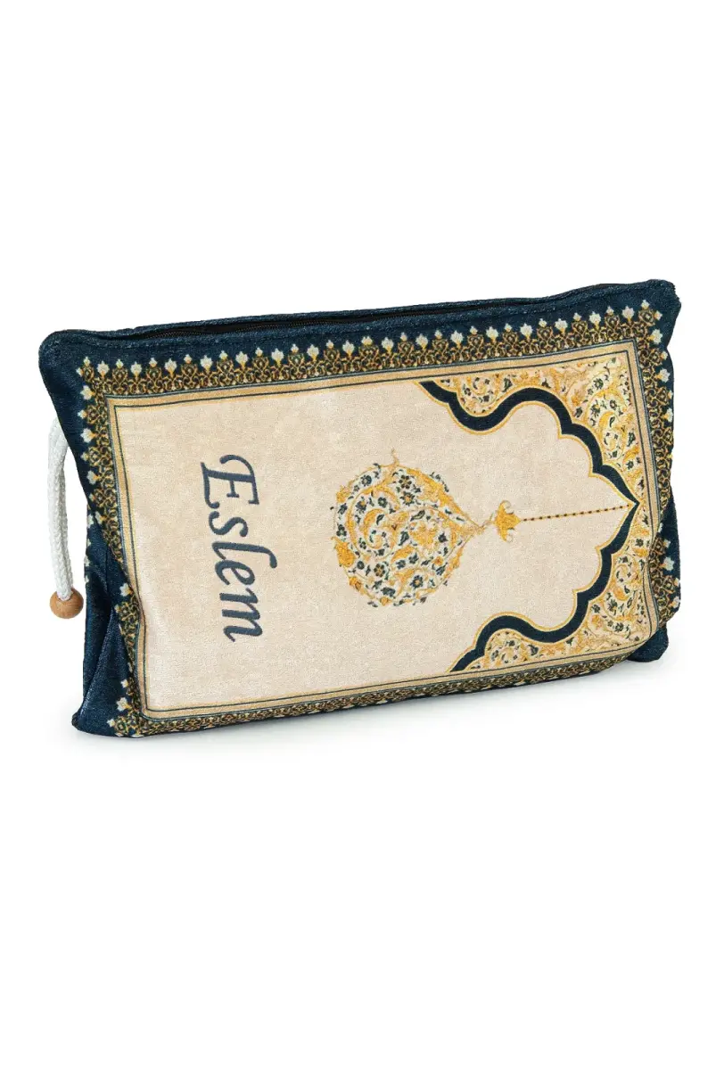 Nakış İşlemeli İsimli Kadife İpek Dokulu Mihrap Desenli Keseli İnci Tesbihli Seccade Sarı - 6