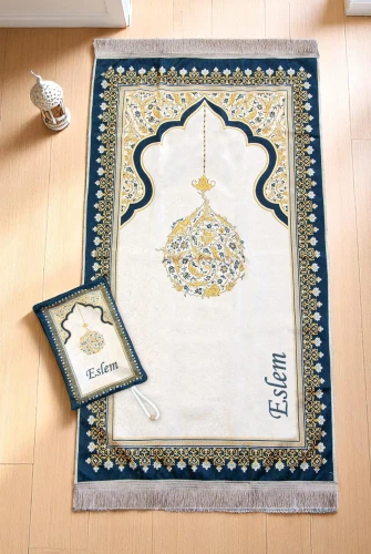 Nakış İşlemeli İsimli Kadife İpek Dokulu Mihrap Desenli Keseli İnci Tesbihli Seccade Sarı 