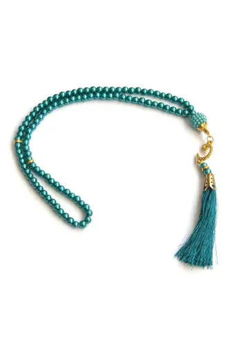 Nakış İşlemeli İsimli Kadife İpek Dokulu Mihrap Desenli Keseli İnci Tesbihli Seccade Yeşil - 8