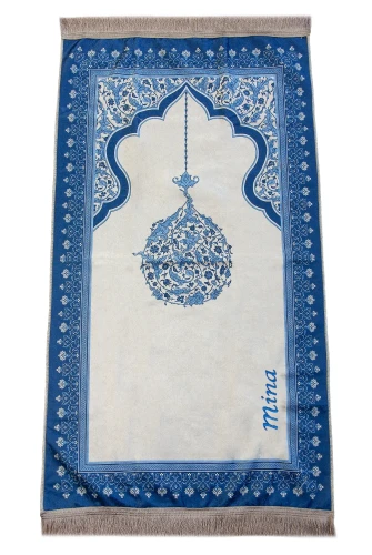 Nakış İşlemeli İsimli Kadife İpek Dokulu Mihrap Desenli Keseli İnci Tesbihli Seccade Mavi - 6