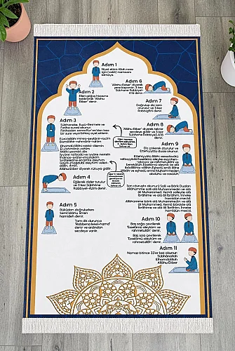 Namaz Öğreten Çocuk Seccadesi Oğlumun Çocuk Seccadesi - Mavi 