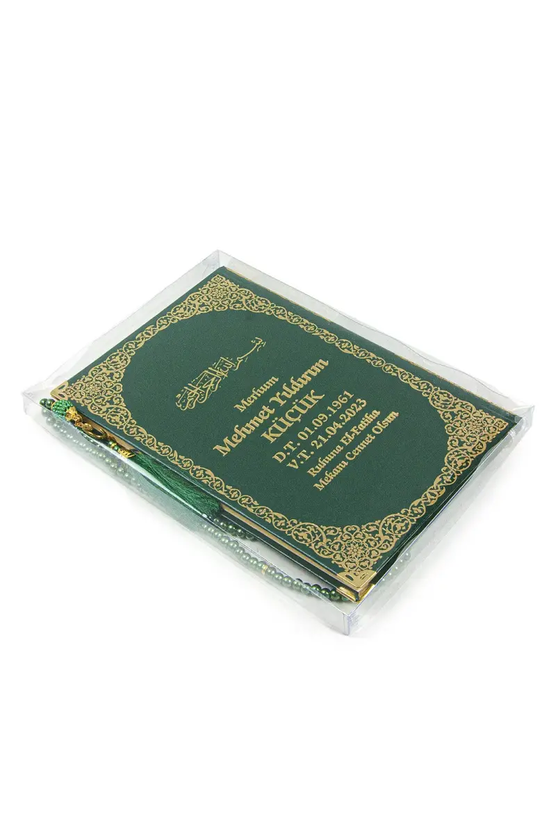 Name Printed Gilded Leather Bound Book of Yasin - Medium Size - Transparent Box - With Pearl Prayer Beads - Green Color - 2