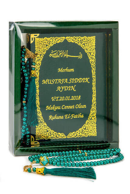 Name Printed Harded Yasin Book - Bag Boy - 128 Pages - Boxed - Vavli Pearl Rosary - Green Color - Gift Set - Thumbnail