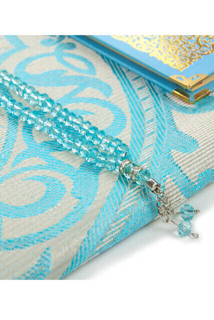 Name Printed Hardlied Yasin Book - Medium Size - 176 Pages - Seccade - Crystal Rosary - Tulle Plied - Blue Color - Mevlid Gift - Thumbnail