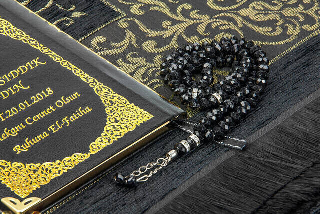 Name Printed Hardli Yasin Book - Seccadeli - Rosary - Boxed - Dark Green - Mevlit Gift Set