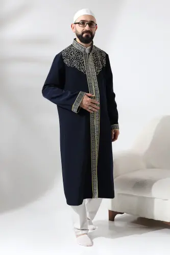Navy Blue Judge Collar Men's Prayer Robe Stripe Embroidery Imam Robe - ihvanonline (1)